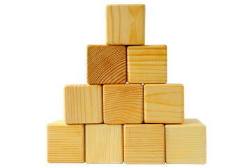 Pyramid of ten wooden cubes, on a white background. wooden cube business concept