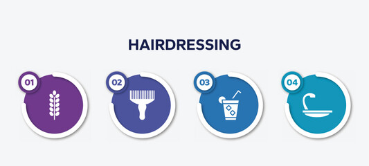 infographic element template with hairdressing filled icons such as lavender, afro pick, ice tea, hair wash sink vector.
