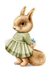 Watercolor Christmas vintage girl squirrel in green dress clothes holding holiday Birthday gift box isolated on white background. Hand drawn illustration sketch © Mimomy