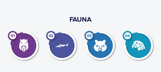 infographic element template with fauna filled icons such as capybara head, big shark, hedgehog head, parrot head vector.