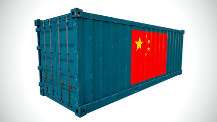 Isolated 3d rendering shipping sea cargo container textured with National flag of the People's Republic of China.