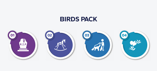 infographic element template with birds pack filled icons such as tombstone, horse rocker black, dog and a man, birds couple vector.