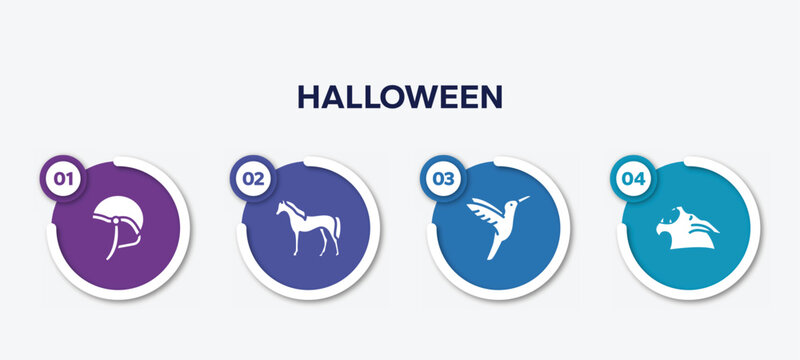infographic element template with halloween filled icons such as jockey hat, horse standing, hummingbird, werewolf vector.