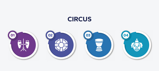infographic element template with circus filled icons such as conga, lifesaver, african drums, clown vector.