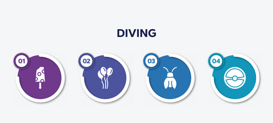 infographic element template with diving filled icons such as , balloons, cicada, steering wheel vector.