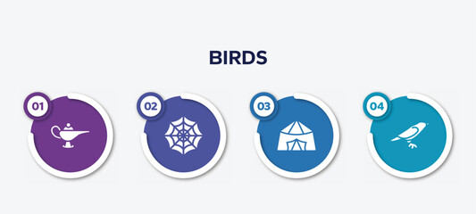 infographic element template with birds filled icons such as magic lamp, spider web, jaima tent, crow vector.