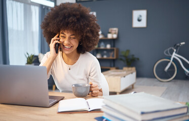 Computer, working black woman and happy phone call or a remote employee with morning coffee. Smile, happiness and mobile conversation of a digital email laughing using technology at home desk