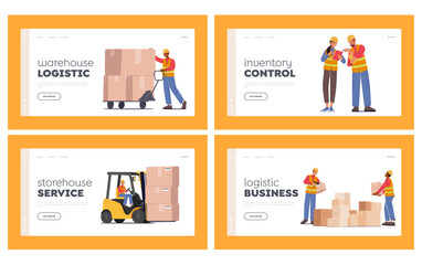 Industrial Warehouse Logistics and Merchandising Landing Page Template Set. Worker Characters Loading Boxes