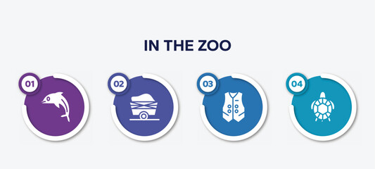 infographic element template with in the zoo filled icons such as dolphin, wagon, waistcoat, tortoise vector.