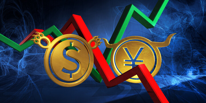 bullish jpy or cny to bearish usd currency. foreign exchange market 3d illustration of japanese yen or chinese yuan to united states dollar. money represented  as golden coins