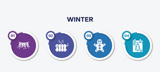 infographic element template with winter filled icons such as lights, heater, gingerbread man, christmas day vector.