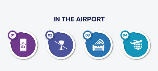 infographic element template with in the airport filled icons such as smartphone airplane mode, no drinks, pair of cinema tickets, international departures vector.
