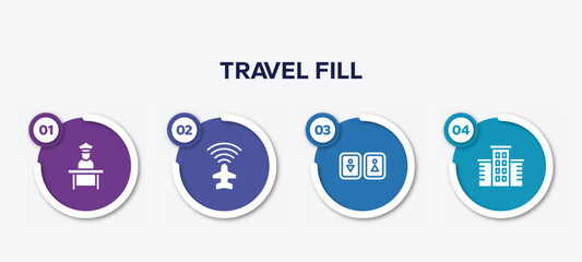 infographic element template with travel fill filled icons such as airport worker, airport flight info, toilets, hotel vector.