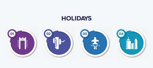 infographic element template with holidays filled icons such as airport security portal, breathalyzer, airplanes and arrows, modern hotel vector.