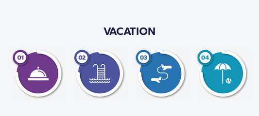 infographic element template with vacation filled icons such as covered food plate, swimming pool ladder, flight transfer, beach umbrella and beach ball vector.