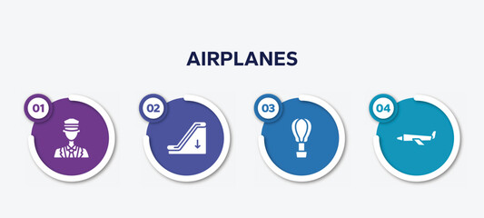 infographic element template with airplanes filled icons such as ticket collector, or down, hot air, airplane of paper sheet vector.