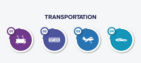 infographic element template with transportation filled icons such as tramway, license plate, small plane, sportive car vector.