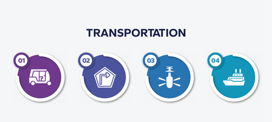 infographic element template with transportation filled icons such as tuc tuc, right, helicopter bottom view, cruise ship vector.