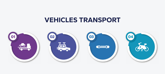 infographic element template with vehicles transport filled icons such as tow, travel baggage, damper, electric bike vector.