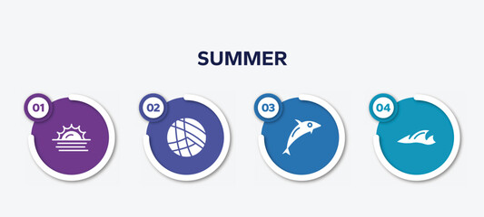infographic element template with summer filled icons such as sun at sea, beach volleyball, dolphin on water waves, ocean vector.