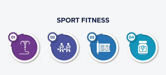 infographic element template with sport fitness filled icons such as grappling hook, home team, sacred scriptures, whey protein vector.