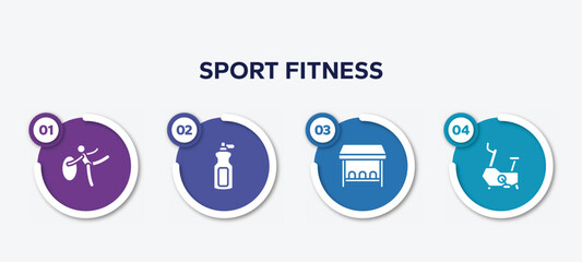 infographic element template with sport fitness filled icons such as rhythmic gymnastics, sport bottle, team bench, stationary bicycle vector.