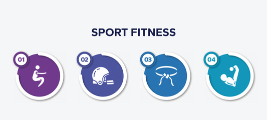 infographic element template with sport fitness filled icons such as squat, rugby helmet, belts, muscular vector.
