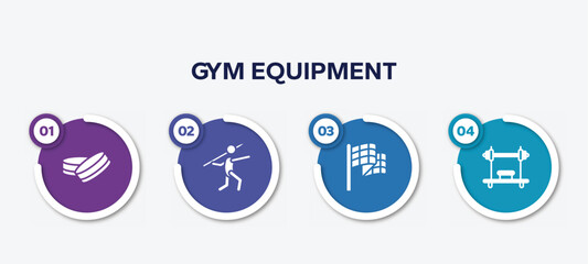 infographic element template with gym equipment filled icons such as hockey puck, javelin, victory lap, bench press vector.