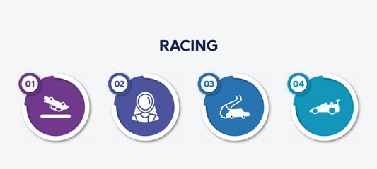 infographic element template with racing filled icons such as blowover, fencer, drifting, drag racing vector.
