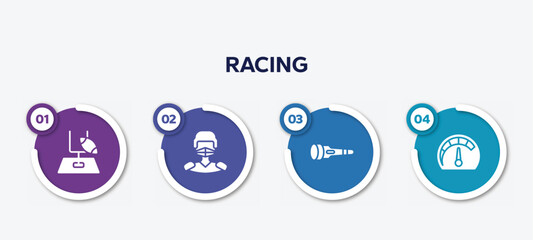 infographic element template with racing filled icons such as rugby goal, hockey player, dive light, mph vector.