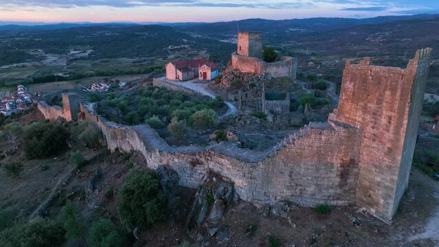 Aerial landscape from a drone of town of Marialva, Portuguese parish of the concelho de M&ecirc;da. Historic Villages. Portugal. Europe