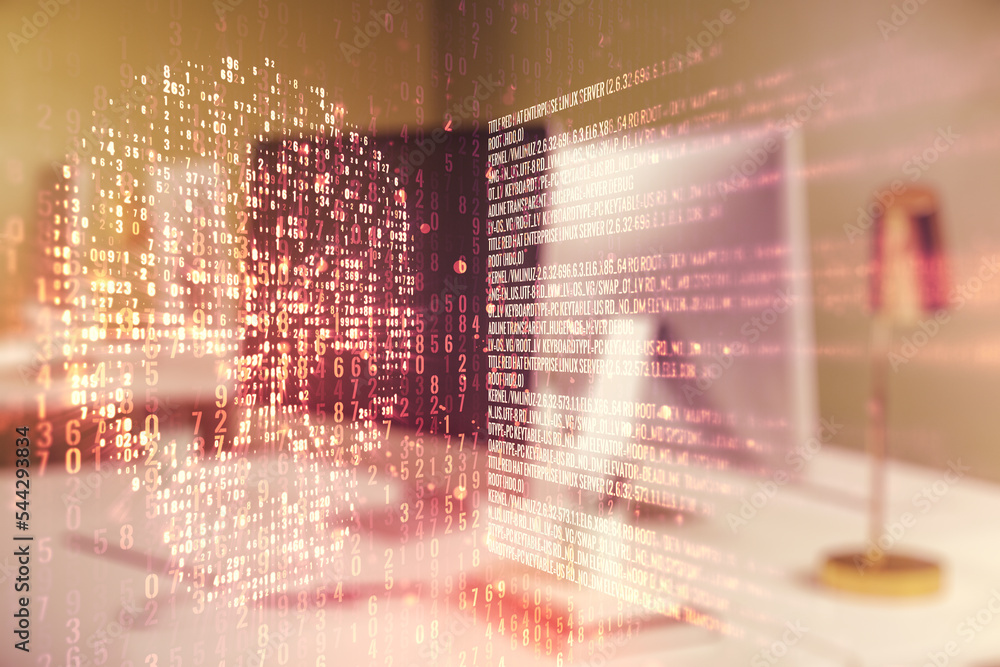 Poster creative code skull hologram on modern computer background, cybercrime and hacking concept. multiexp