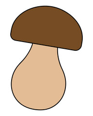 Mushroom. Fairy boletus with a rounded brown hat. Color vector illustration. Cartoon style. Isolated background. Summer harvest. Seasonal product. Organic product. Vegan food. Idea for web design