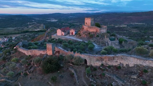 Aerial landscape from a drone of town of Marialva, Portuguese parish of the concelho de M&ecirc;da. Historic Villages. Portugal. Europe