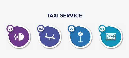 infographic element template with taxi service filled icons such as car light, children on teeter totter, no stopping, navigator vector.