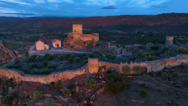 Aerial landscape from a drone of town of Marialva, Portuguese parish of the concelho de M&ecirc;da. Historic Villages. Portugal. Europe