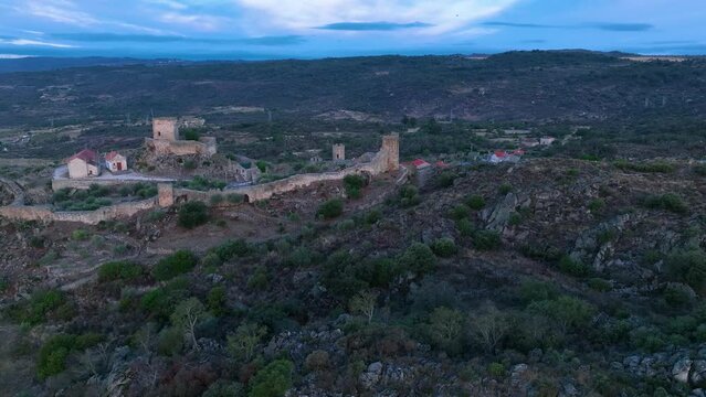 Aerial landscape from a drone of town of Marialva, Portuguese parish of the concelho de M&ecirc;da. Historic Villages. Portugal. Europe