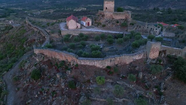 Aerial landscape from a drone of town of Marialva, Portuguese parish of the concelho de M&ecirc;da. Historic Villages. Portugal. Europe