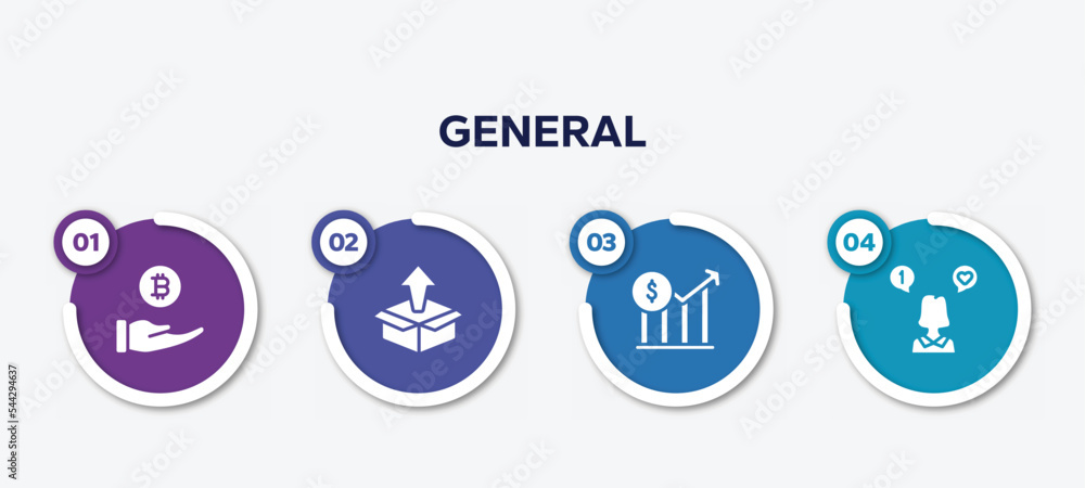 Poster infographic element template with general filled icons such as initial coin offering, product releas