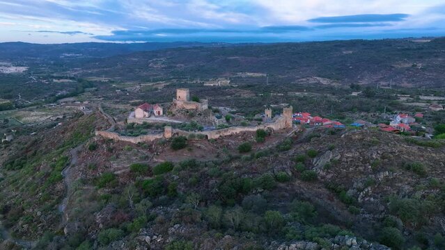 Aerial landscape from a drone of town of Marialva, Portuguese parish of the concelho de M&ecirc;da. Historic Villages. Portugal. Europe