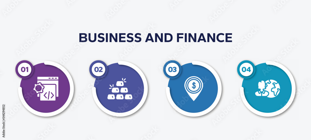 Poster infographic element template with business and finance filled icons such as custom coding, six gold 