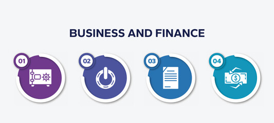 infographic element template with business and finance filled icons such as safe locker, power variant, content management, dollar exchange vector.