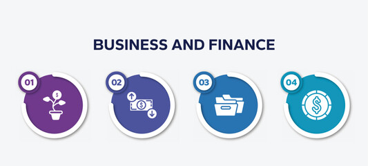 infographic element template with business and finance filled icons such as money flower, dollar rates, two black folders, big dollar coin vector.