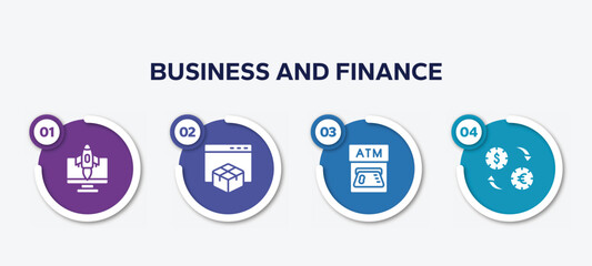 infographic element template with business and finance filled icons such as rocket launch monitor, web package, atm card, currency rates vector.