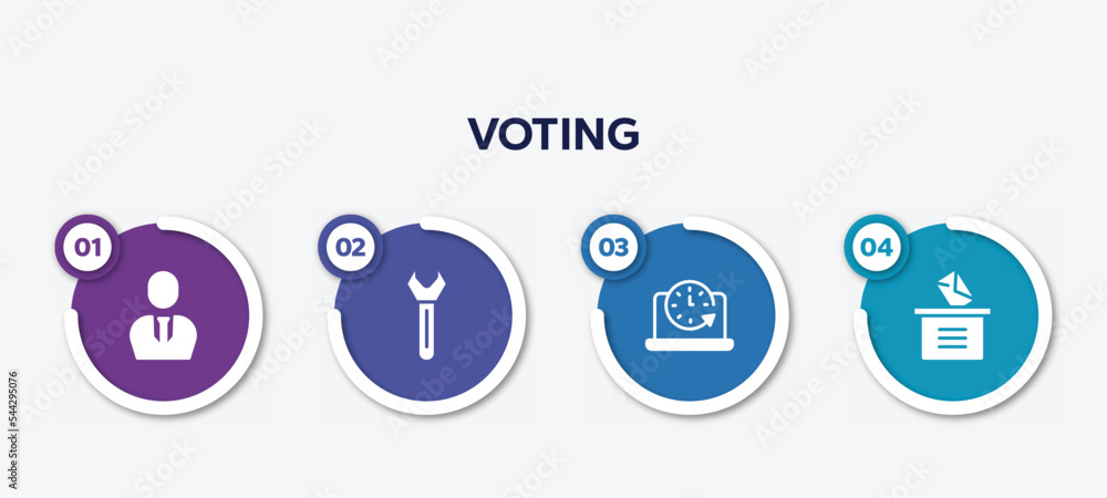 Poster infographic element template with voting filled icons such as businessman with tie, key tool, circul
