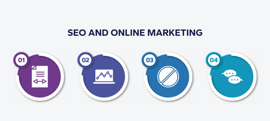 infographic element template with seo and online marketing filled icons such as gap, graph notebook, banned, speech bubbles vector.