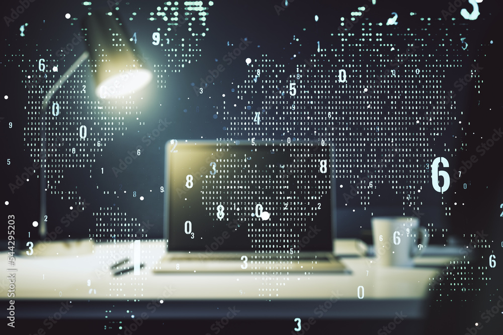 Poster abstract creative coding concept with world map on modern laptop background. multiexposure