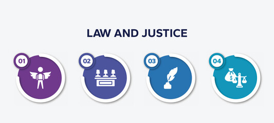 infographic element template with law and justice filled icons such as innocent, jury, feather pen, inheritance law vector.