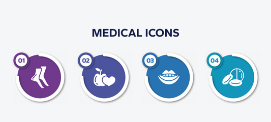 infographic element template with medical icons filled icons such as tiptoe feet, healthy food for heart health care, smiling mouth showing teeth, drugs capsules and pills vector.
