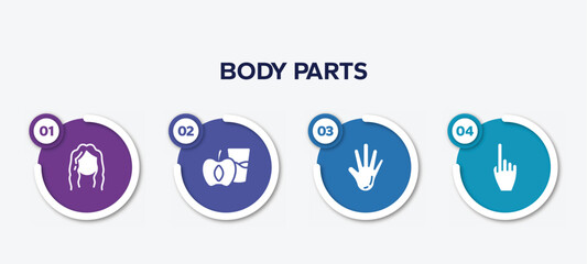 infographic element template with body parts filled icons such as long wavy hair, diet for health, hand showing palm, hand gesture raising the index finger vector.
